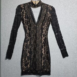 BeBe XXS Lace Mini Dress Coquette Whimsy Witchy Nude Lining Choker Neck Bodycon